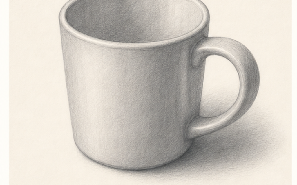 Finished pencil drawing of a ceramic mug